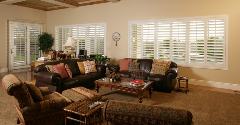 Denver family room with interior shutters.